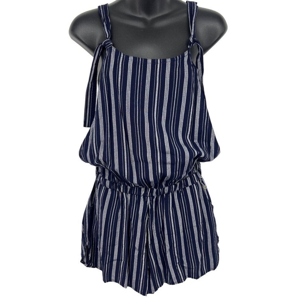 Roxy Sandy Break Stripe Romper Adjustable Strap Blue Shorts Sleeveless NWT New